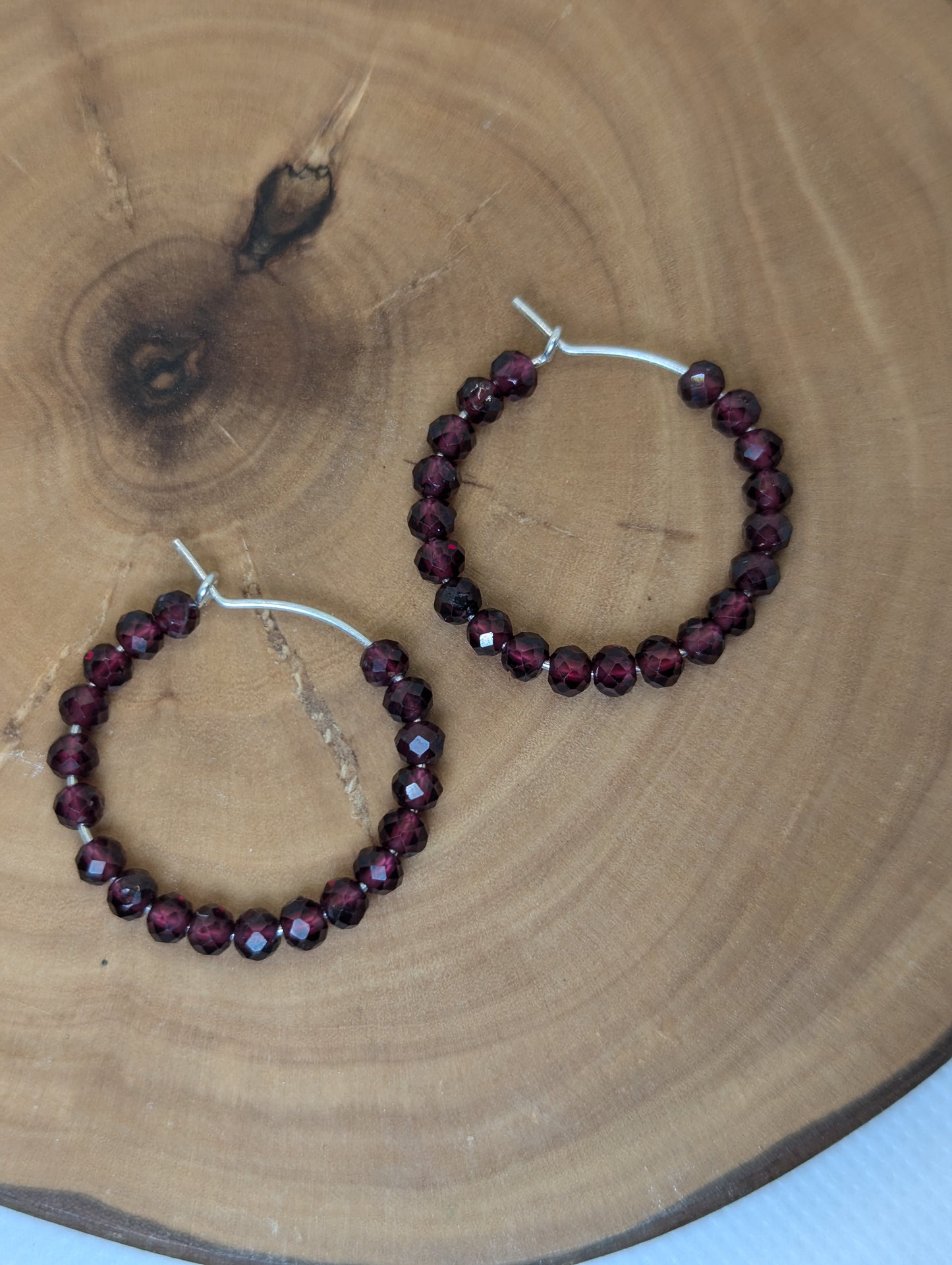 Garnet faceted tiny rondelle beads sparkle hoops