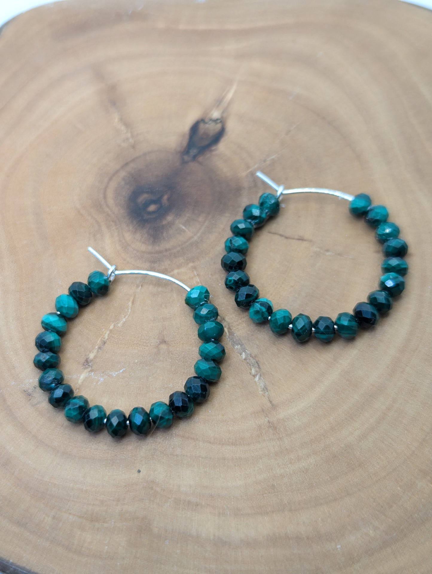 Malachite faceted tiny rodelle beaded hoops